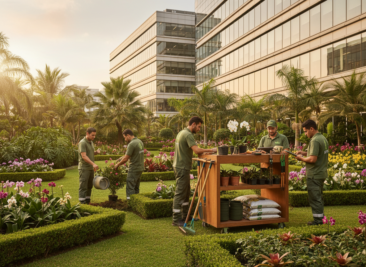Equipo EcoGenesis trabajando en jardín profesional