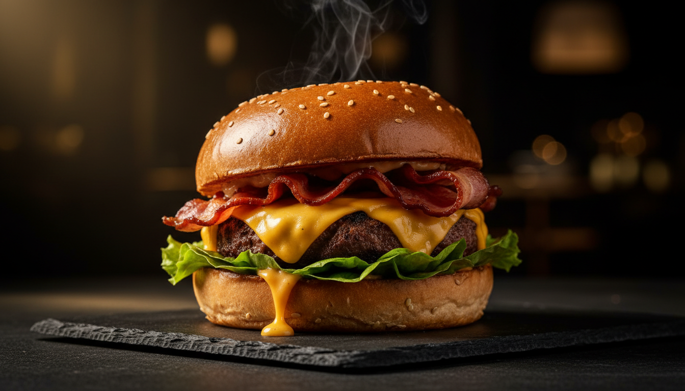 Signature burger illuminated by warm golden light on a dark slate surface