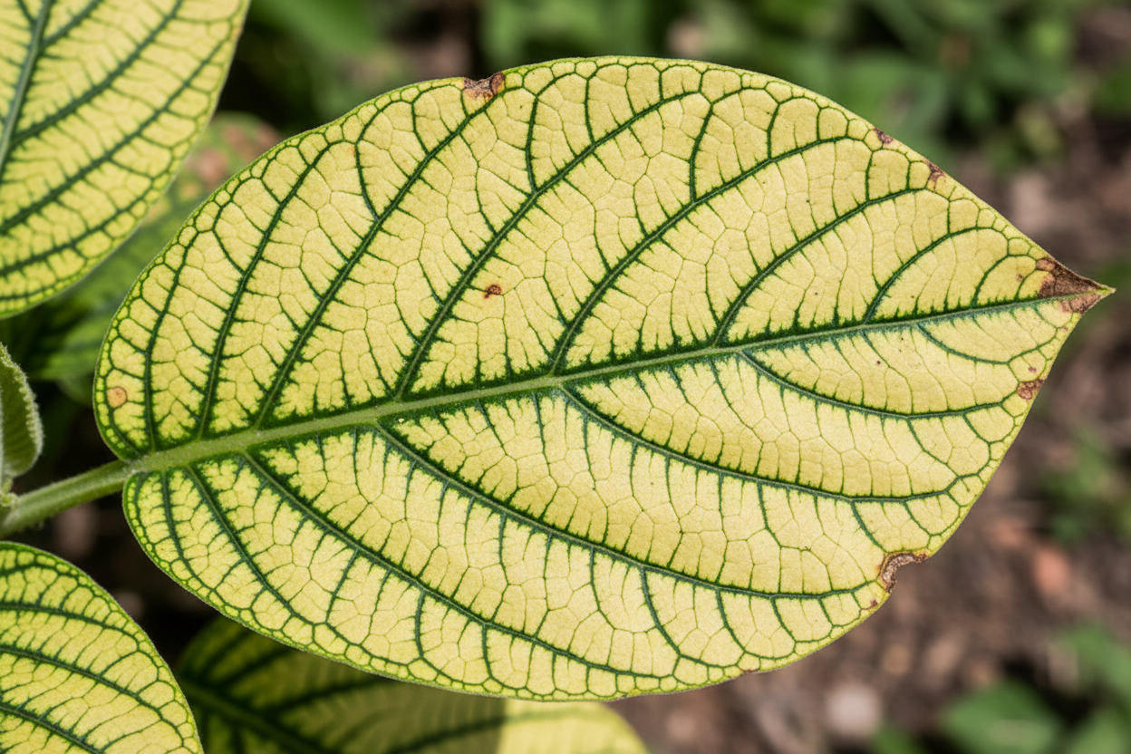 Iron chlorosis showing yellowing between leaf veins