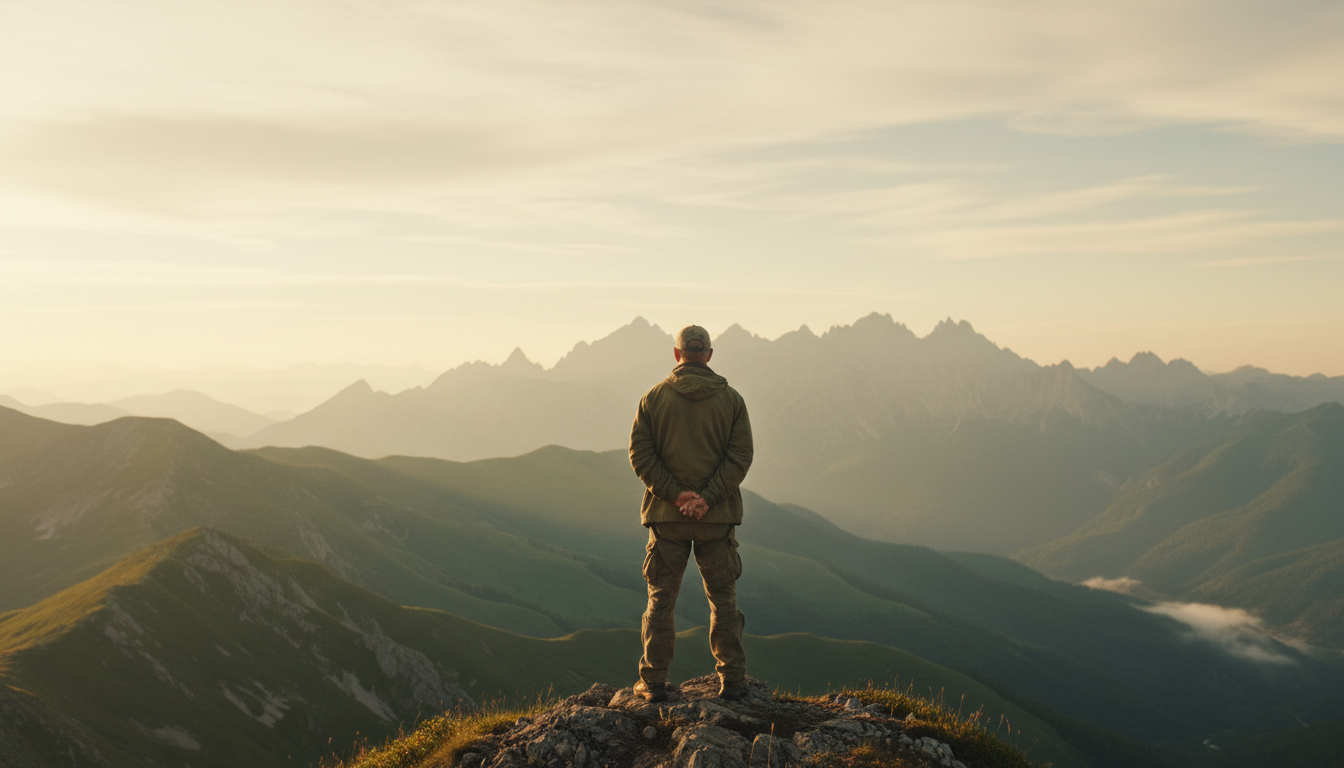 A veteran standing at the edge of a vast mountain ridge at golden hour, looking out over an endless horizon