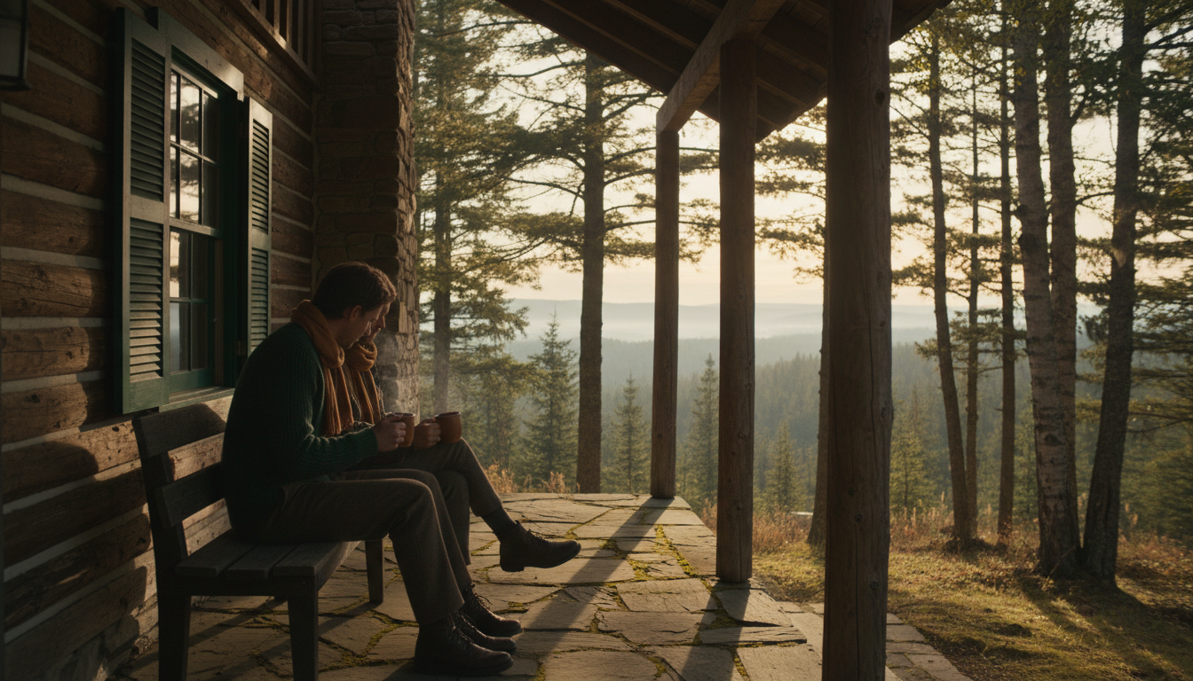 Two people having a quiet conversation over coffee on a cabin porch in warm morning light
