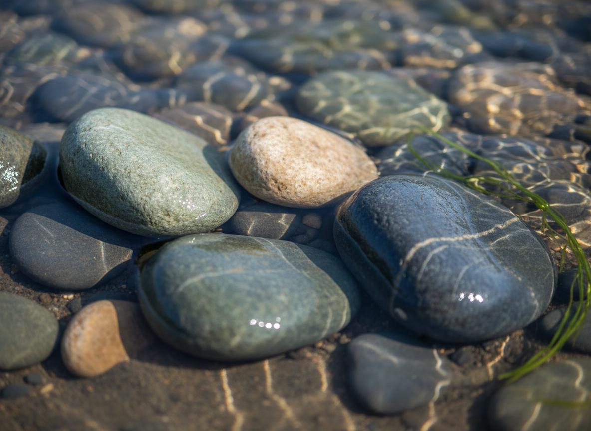 Smooth river stones in water representing grounded research and calm