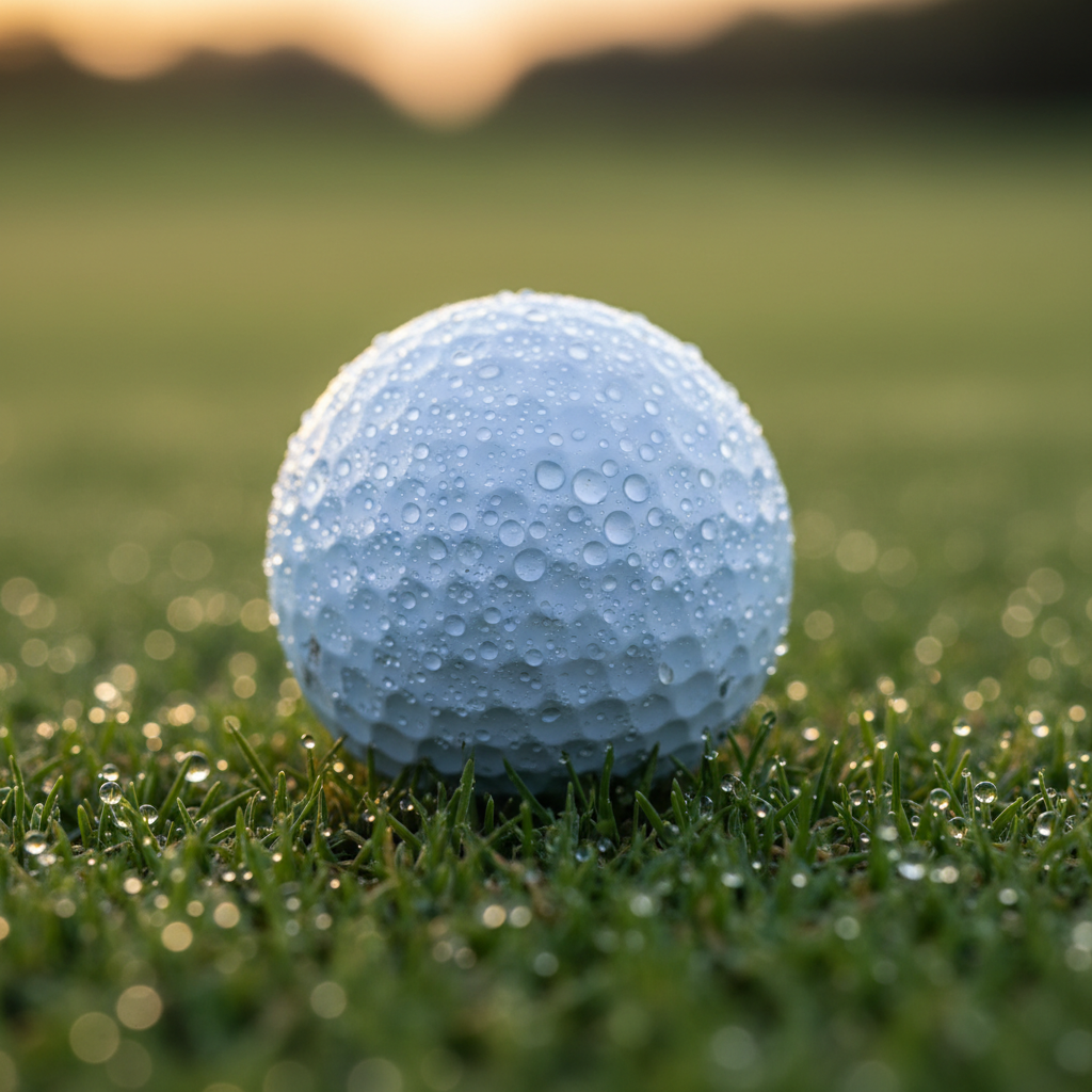 Close-up of morning dew on a golf ball on pristine green