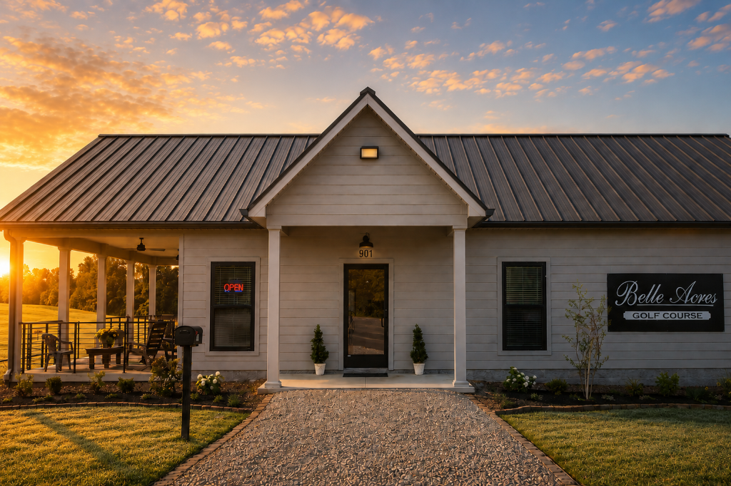Aerial view of Belle Acres Golf Course at golden hour