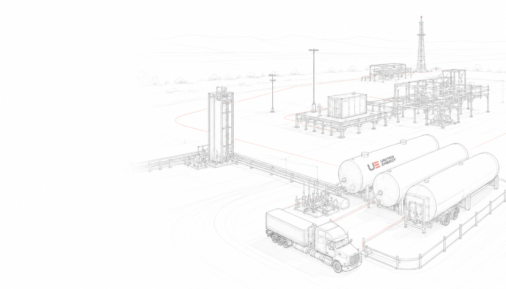 Conceptual line-art illustration of LNG storage, field equipment and distributed-energy infrastructure.
