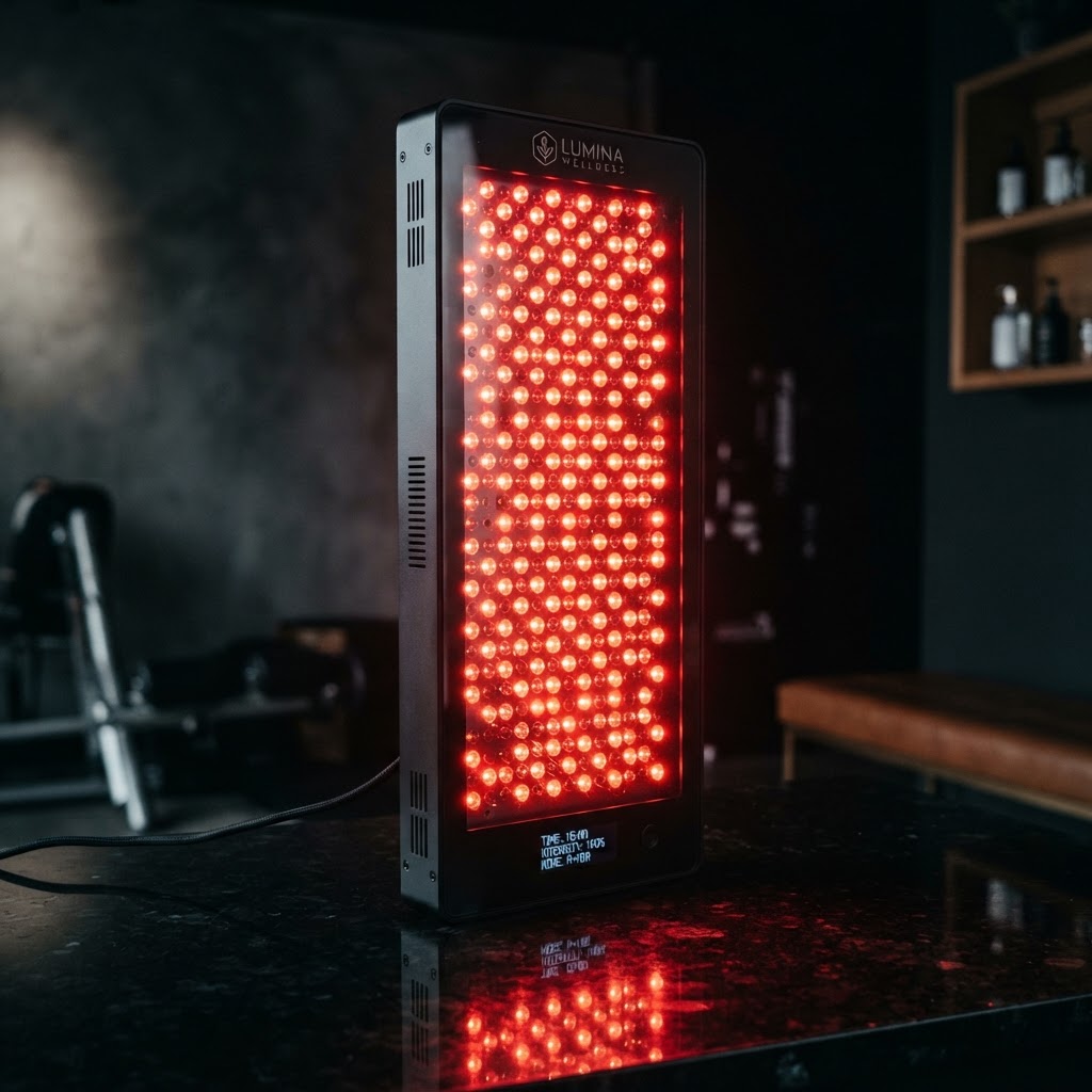 Red light therapy panel glowing