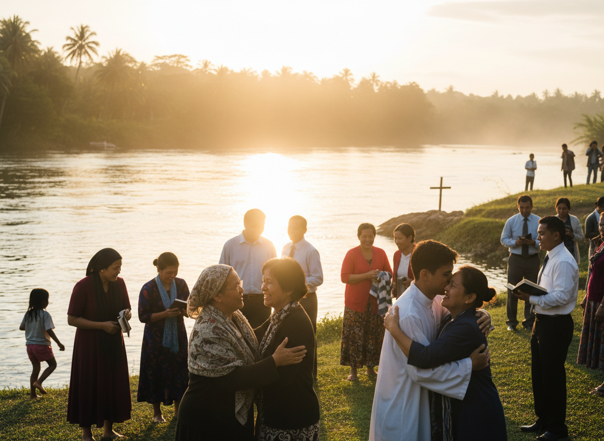 Community celebrating baptism at golden hour