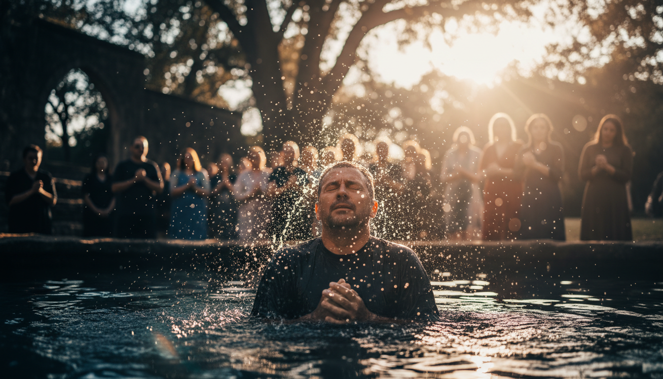 Person being baptized in golden sunlight
