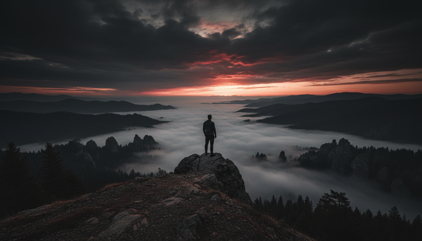 Man at mountain edge at dawn
