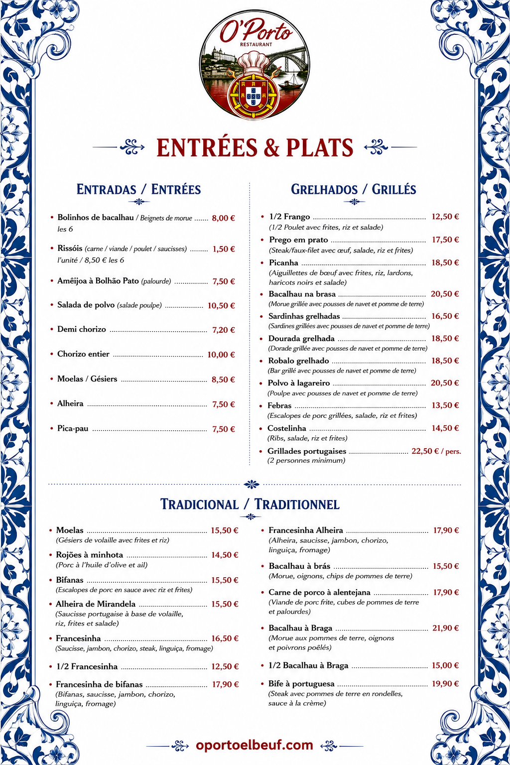 Carte Oporto - Entrées & Plats