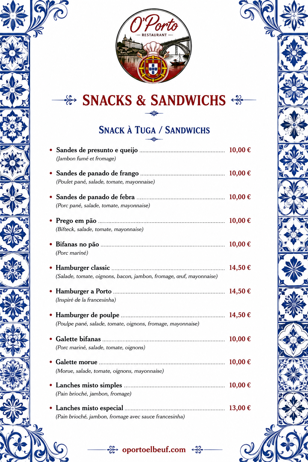 Carte Oporto - Snacks & Sandwichs