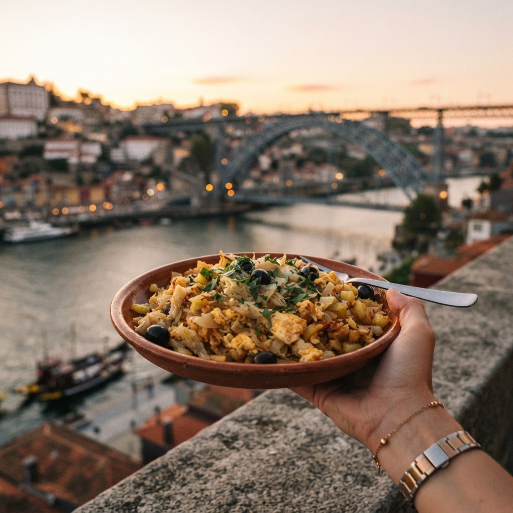 Plat portugais tenu en main avec le pont de Porto