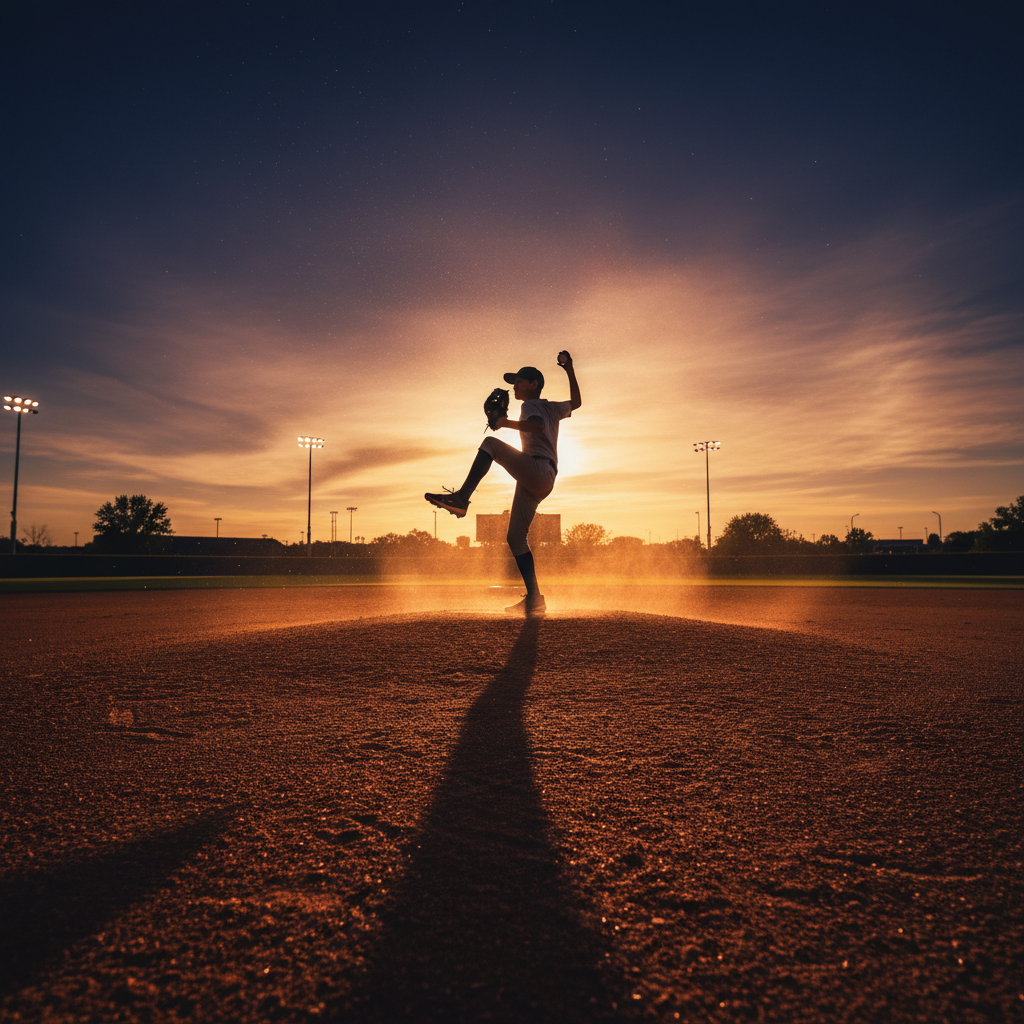 Silhouette of a pitcher on the mound at sunset with dramatic orange and blue sky