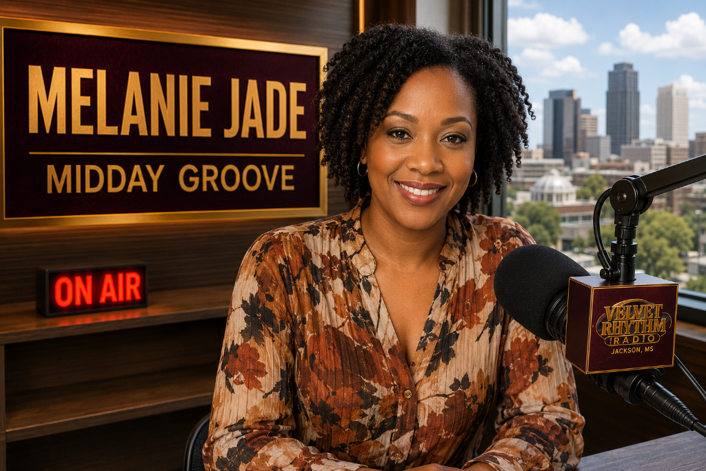 DJ Melanie Jade hosting The Midday Groove and Talk on Velvet Rhythm Radio, Jackson, Mississippi