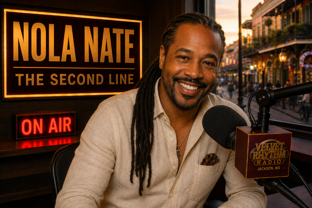 DJ Nola Nate hosting The Second Line on Velvet Rhythm Radio, Jackson, Mississippi