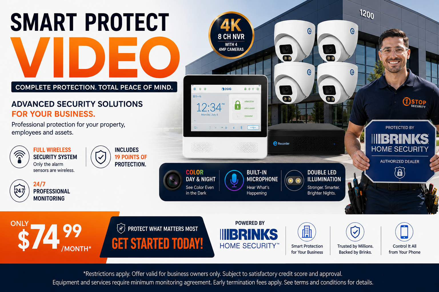 Smart Protect Video™ package with 2GIG touchscreen alarm panel, 4K NVR and four 4MP surveillance cameras.