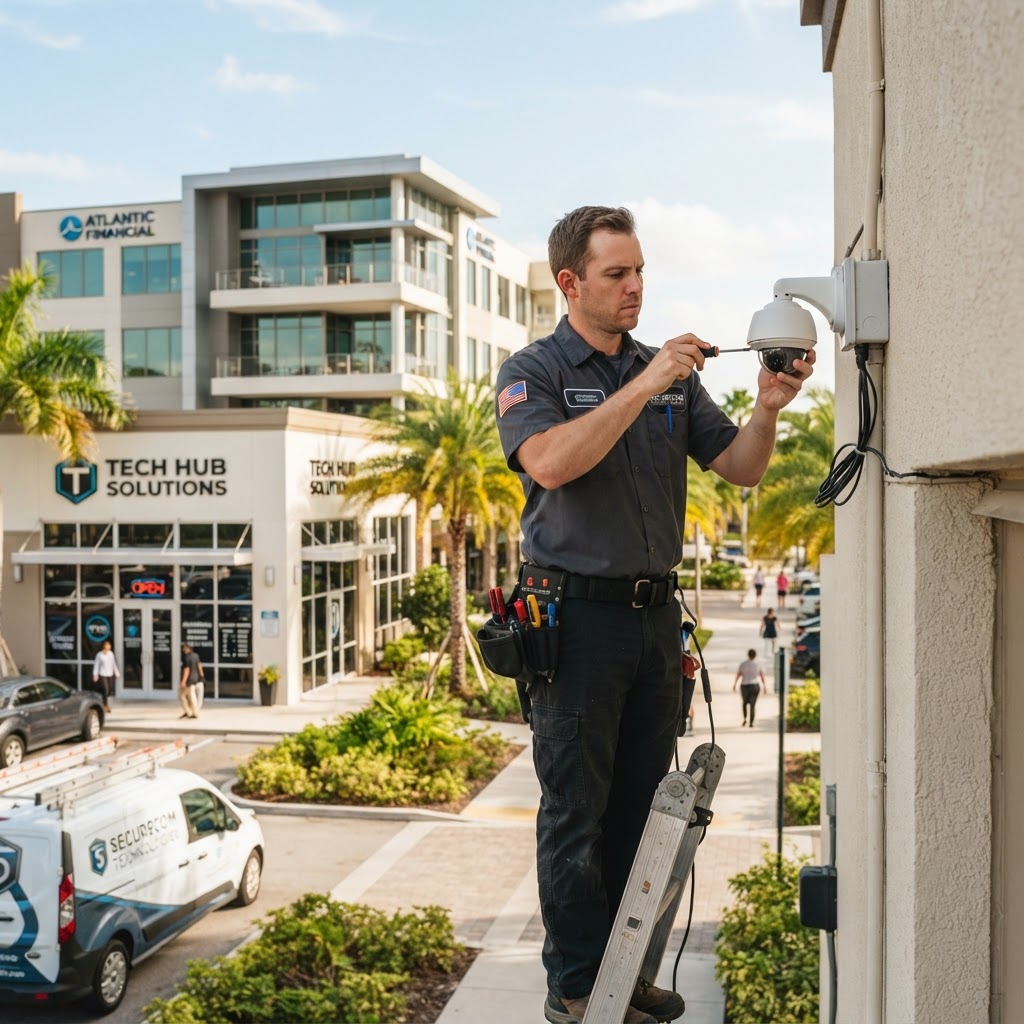 Professional 1 Stop Security technician installing a security camera at a business