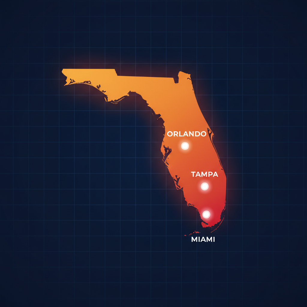 1 Stop Security Florida statewide service area coverage map — serving Miami-Dade, Broward, Palm Beach, Orange, and Hillsborough counties