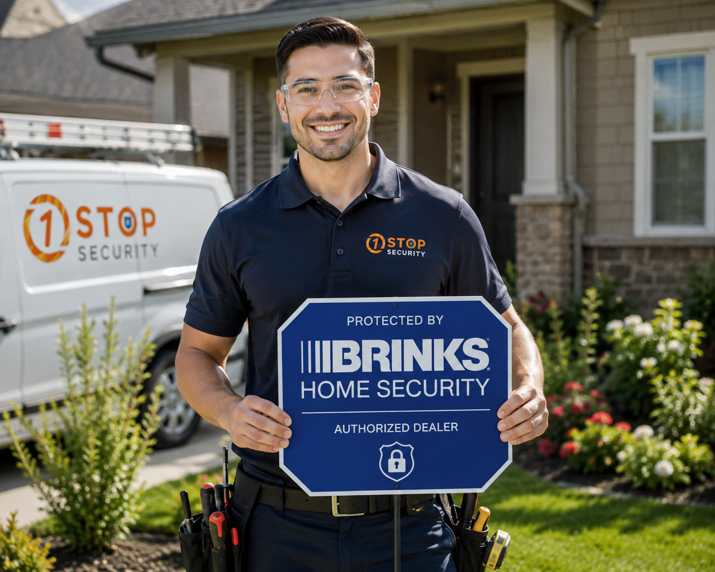 Professional 1 Stop Security technician installing a security camera on a home