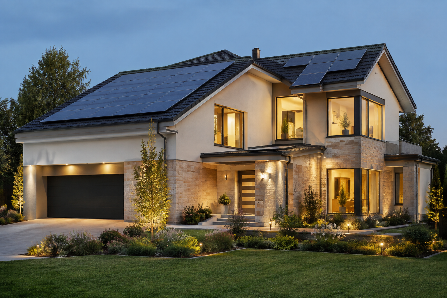 Contemporary home with rooftop solar panels at dusk