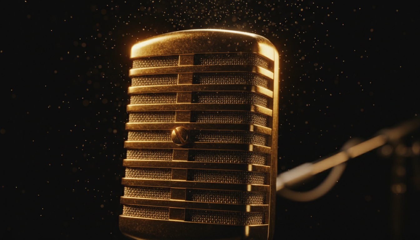 Vintage condenser microphone in a dark recording studio with golden light