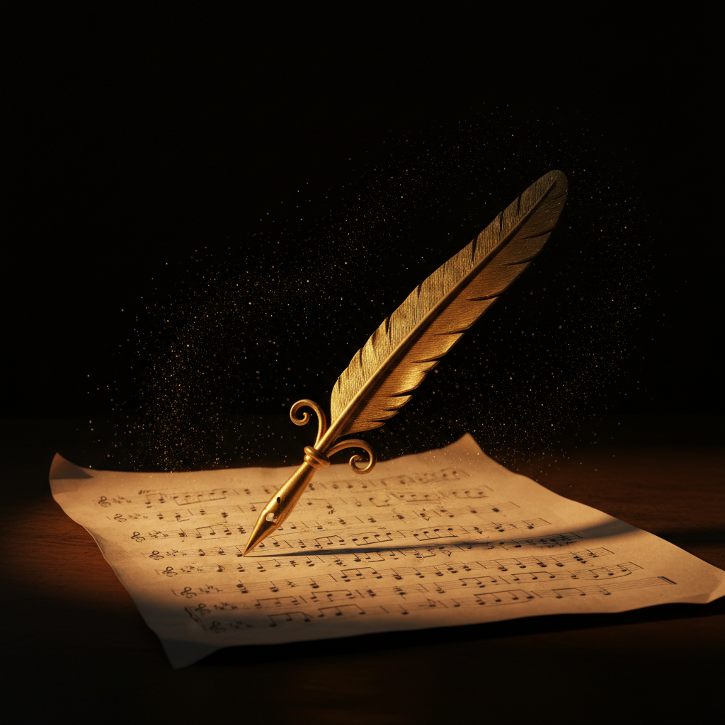 Golden quill pen on sheet music in dark studio lighting