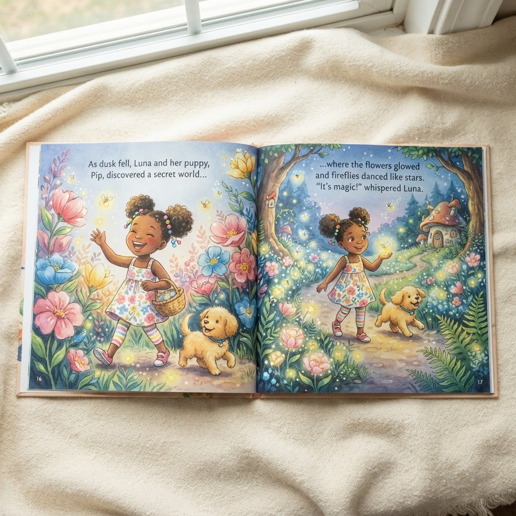 Sample illustrated children's book spread with colorful artwork and story text