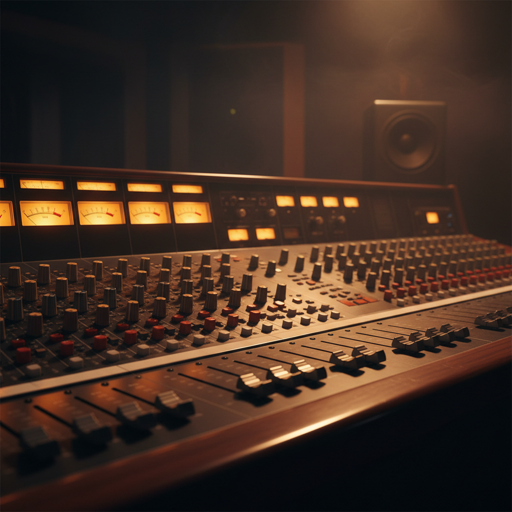 High-end analog mixing console with glowing VU meters