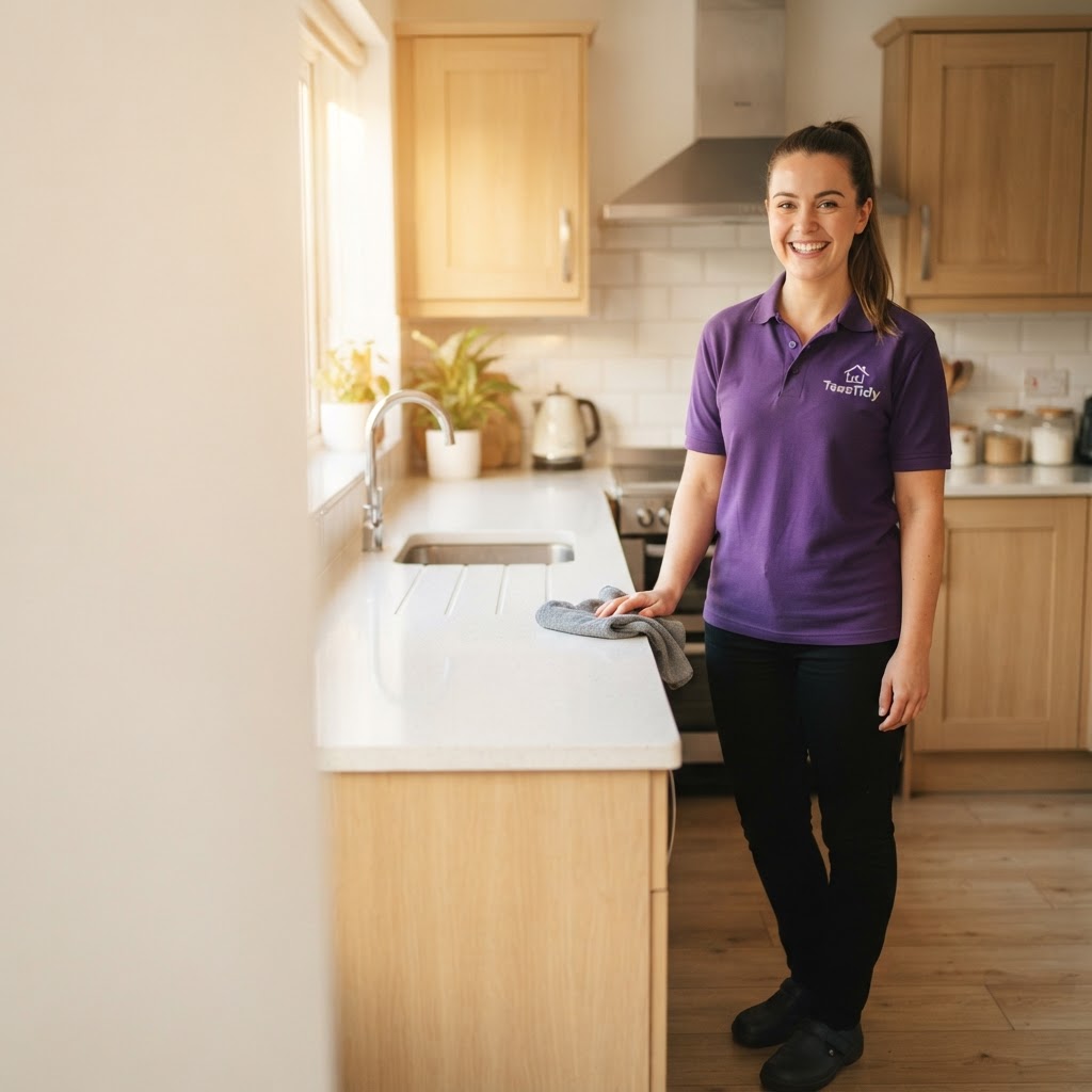 Professional cleaner tidying a bright modern kitchen