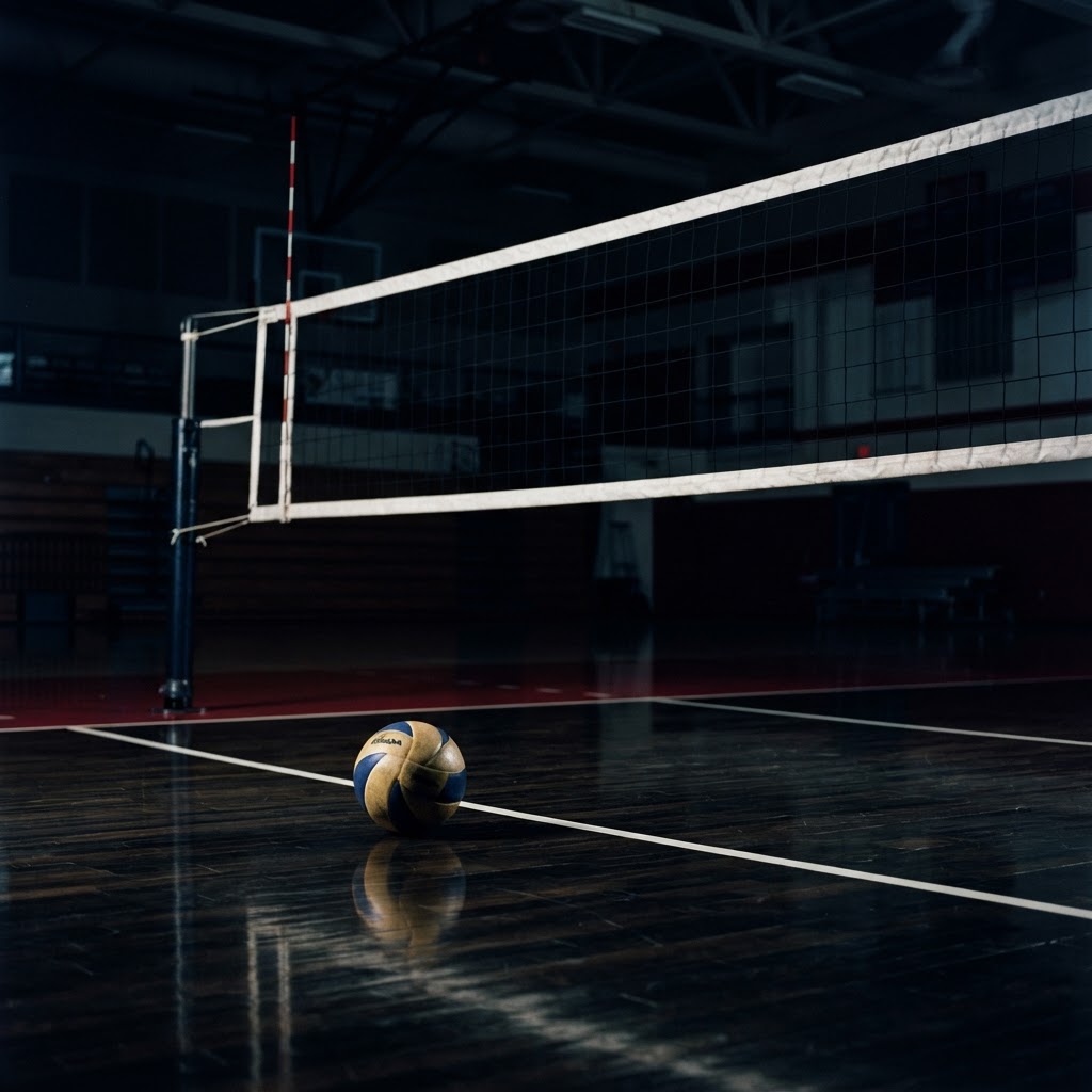 Volleyball net and ball on an indoor gym court