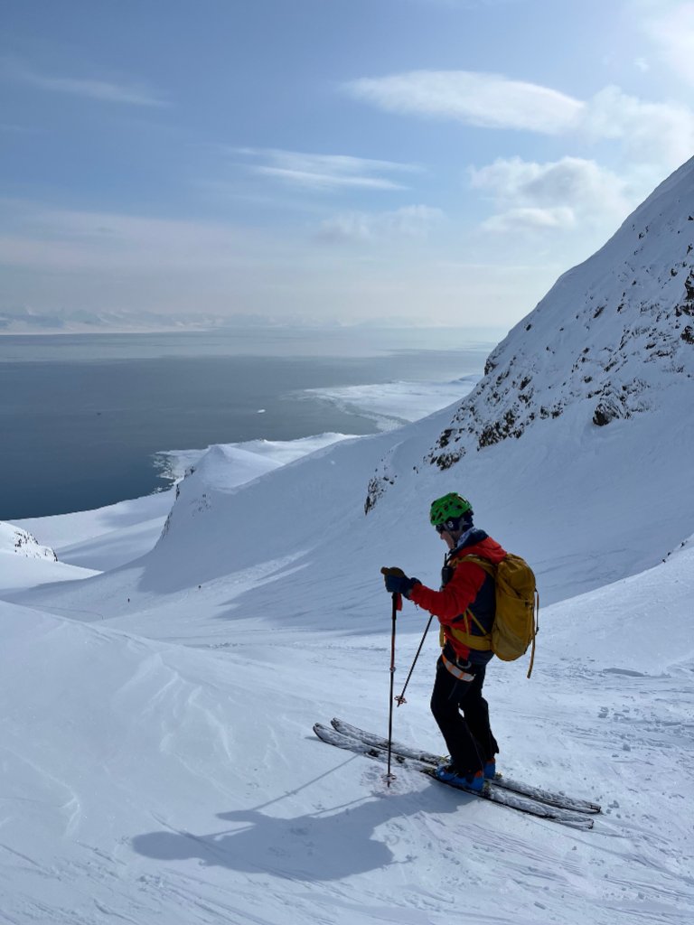 Skiers descending open snowfield above Arctic ocean in Svalbard