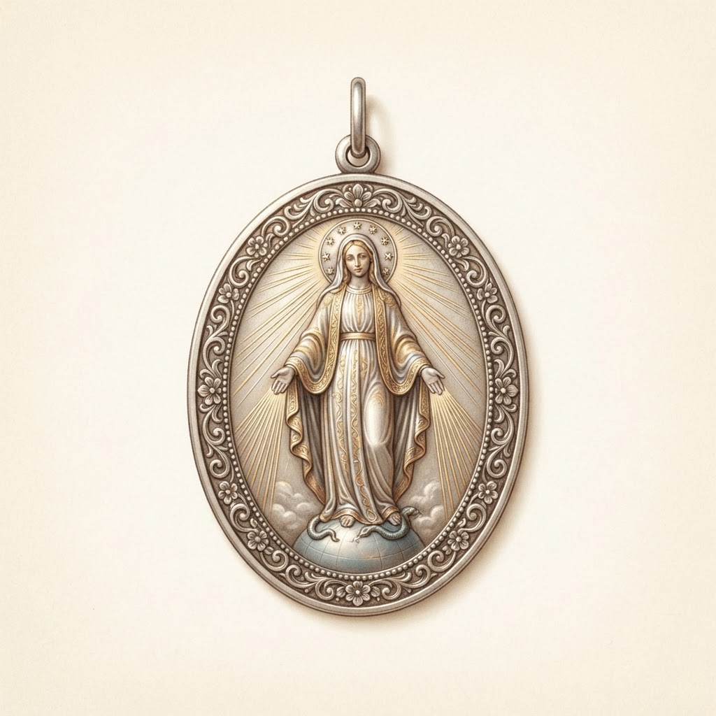 Front of the Miraculous Medal showing Mary with rays of light