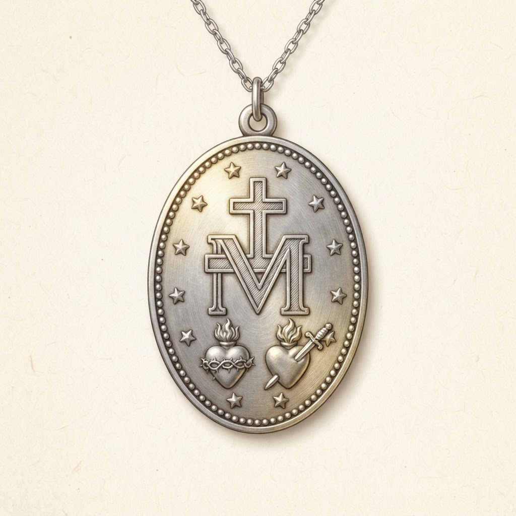 Back of the Miraculous Medal showing the M, cross, stars and two hearts