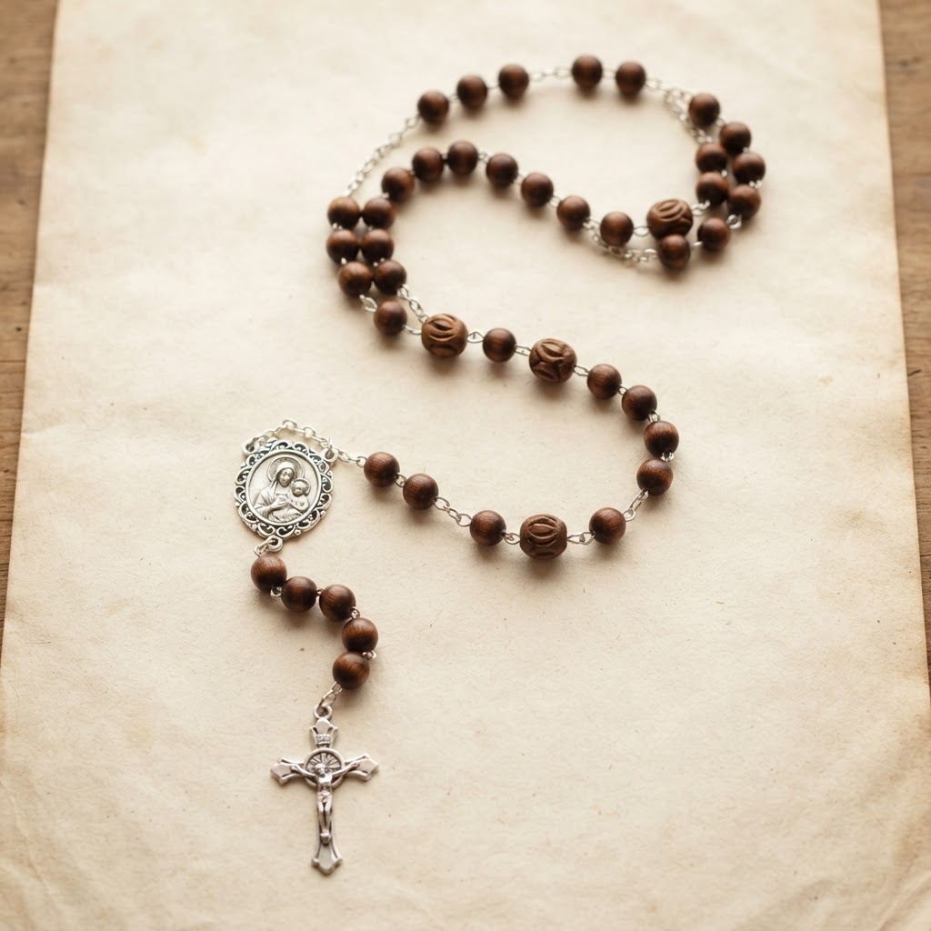 A Catholic rosary laid out showing the crucifix, center medal, and five decades of beads