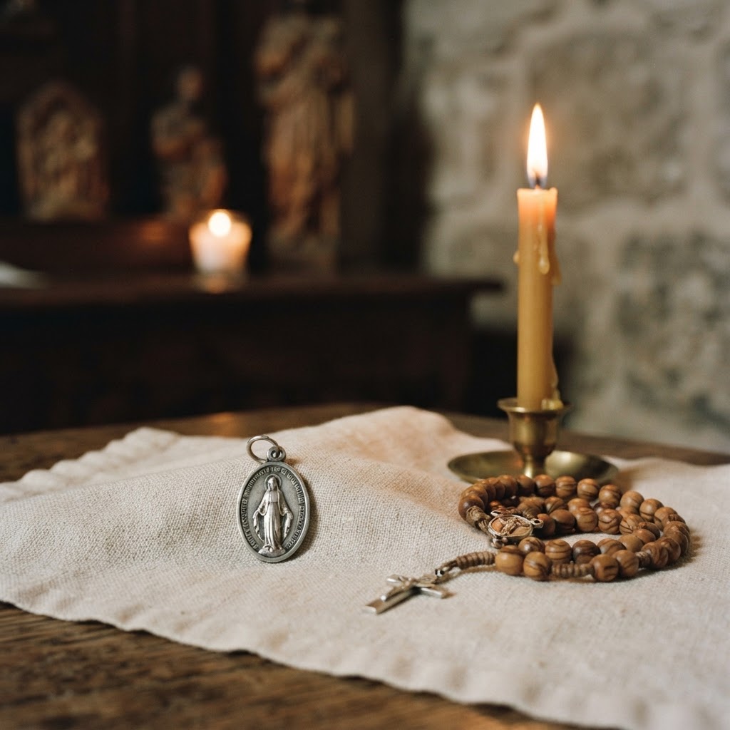 A Miraculous Medal resting beside a lit candle and a rosary