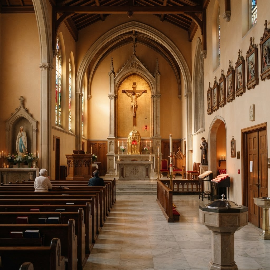 Interior of a traditional Catholic church viewed from the nave toward the sanctuary, showing the altar, tabernacle, crucifix, ambo, baptismal font, Stations of the Cross, statues, and candles