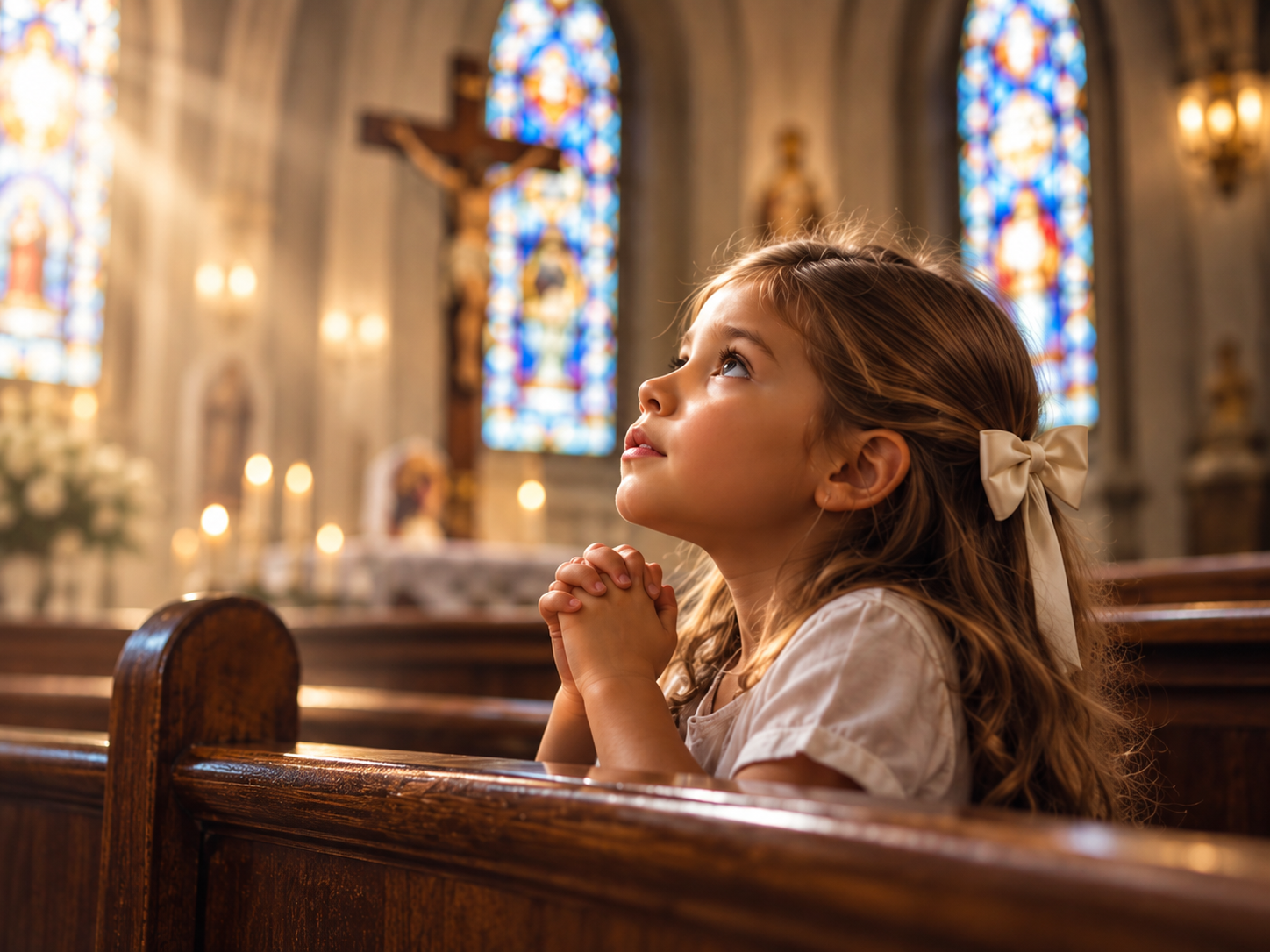 A girl praying in a church pew with stained glass windows