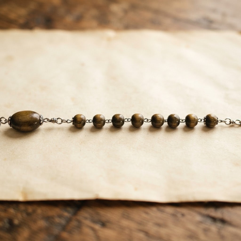 A close-up of a single rosary decade showing one large bead and ten small beads