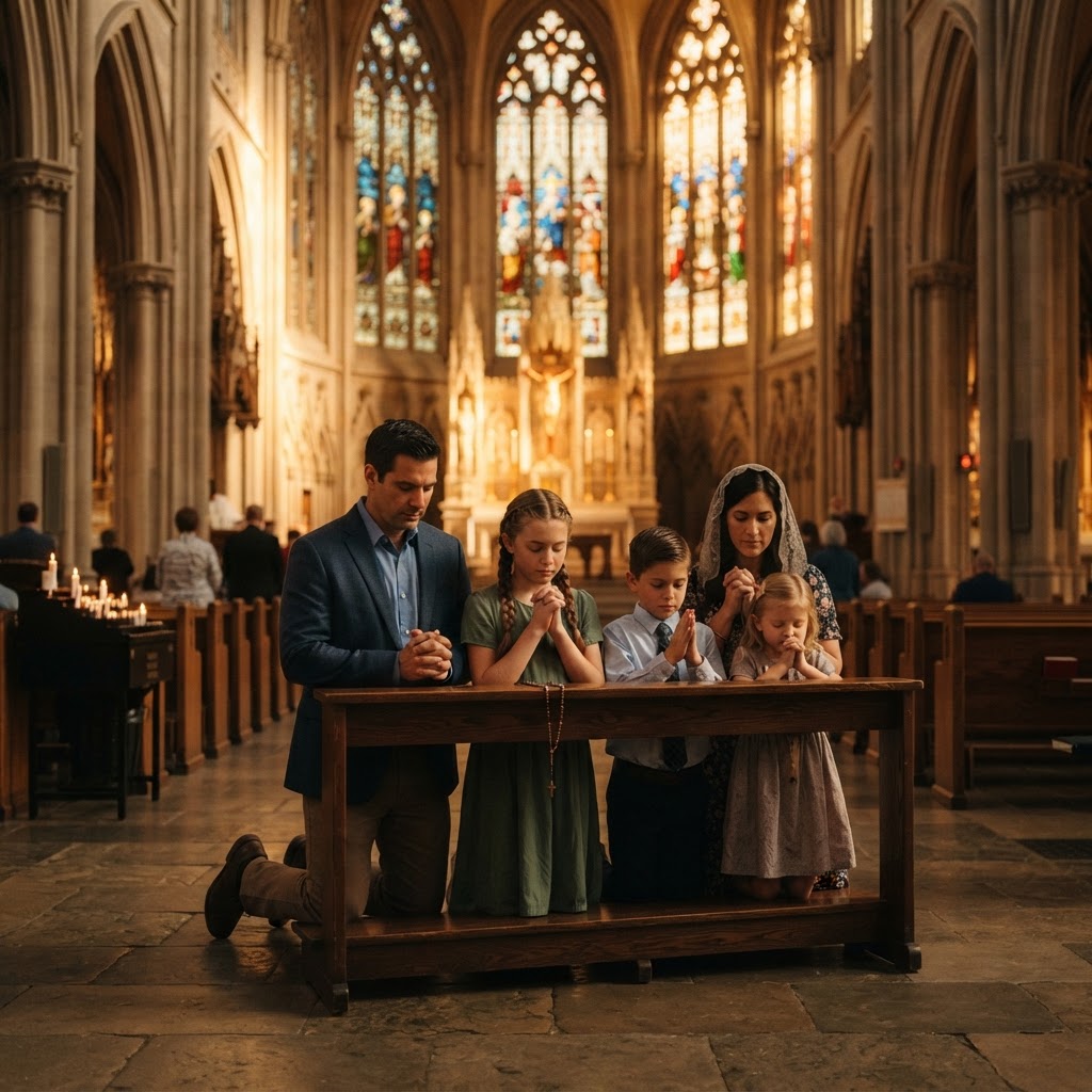 A Catholic family praying together in church