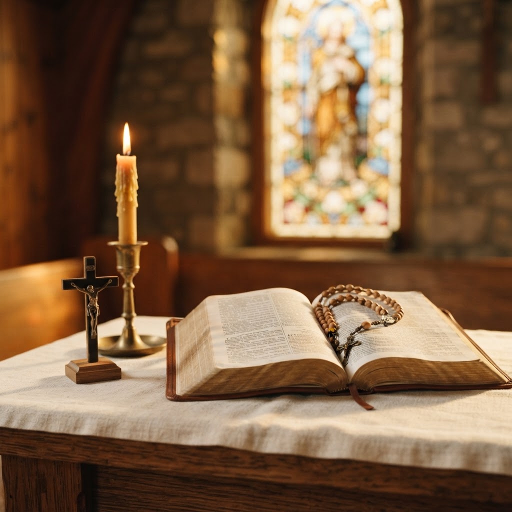 An open Bible, rosary, and candle — warm Catholic devotional still life