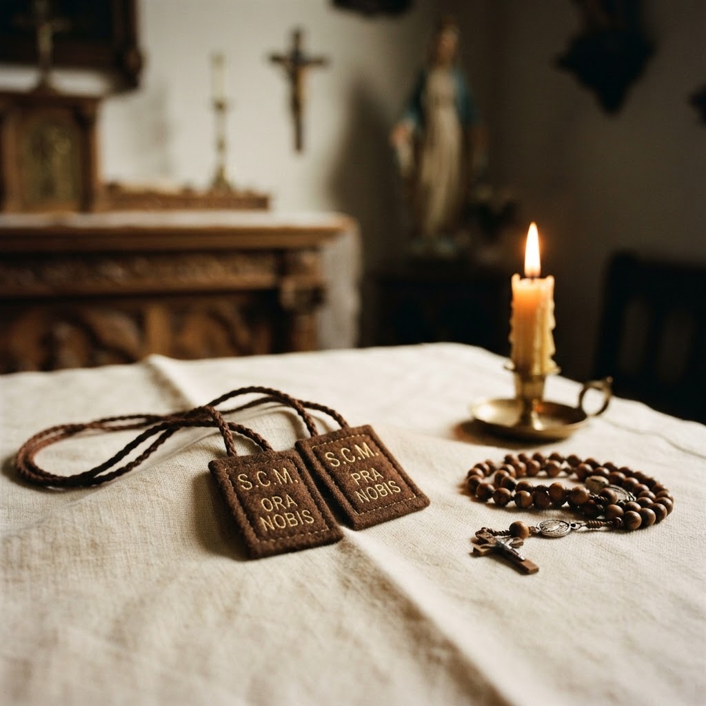 A traditional Brown Scapular with two pieces of brown wool and connecting cords