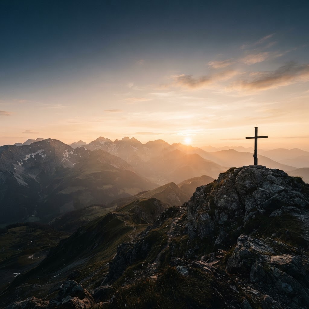 Mountain range at sunrise with a cross on the peak