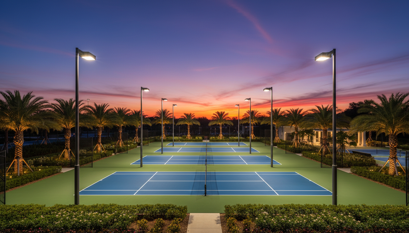 LED-lit racket sports courts at night