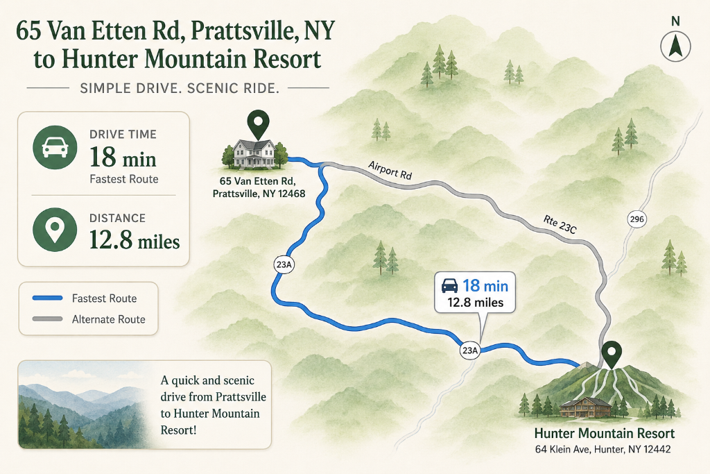 Map from 65 Van Ettan Rd to Hunter Mountain Resort – 18 min, 12.8 miles