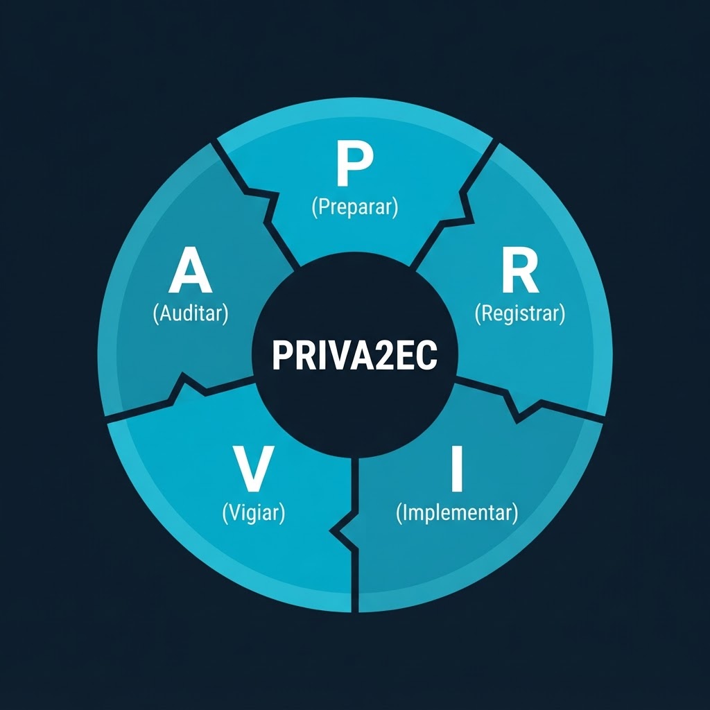 Ciclo PRIVA2EC - diagrama circular sentido horário: Preparar, Registrar, Implementar, Vigiar, Auditar