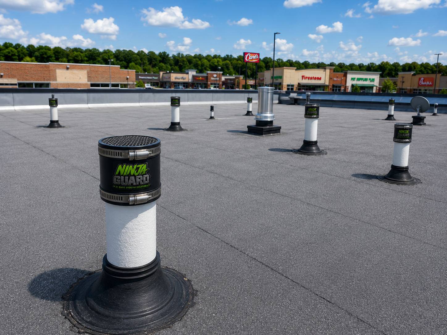 Commercial flat roof with Ninja Guard vent caps installed