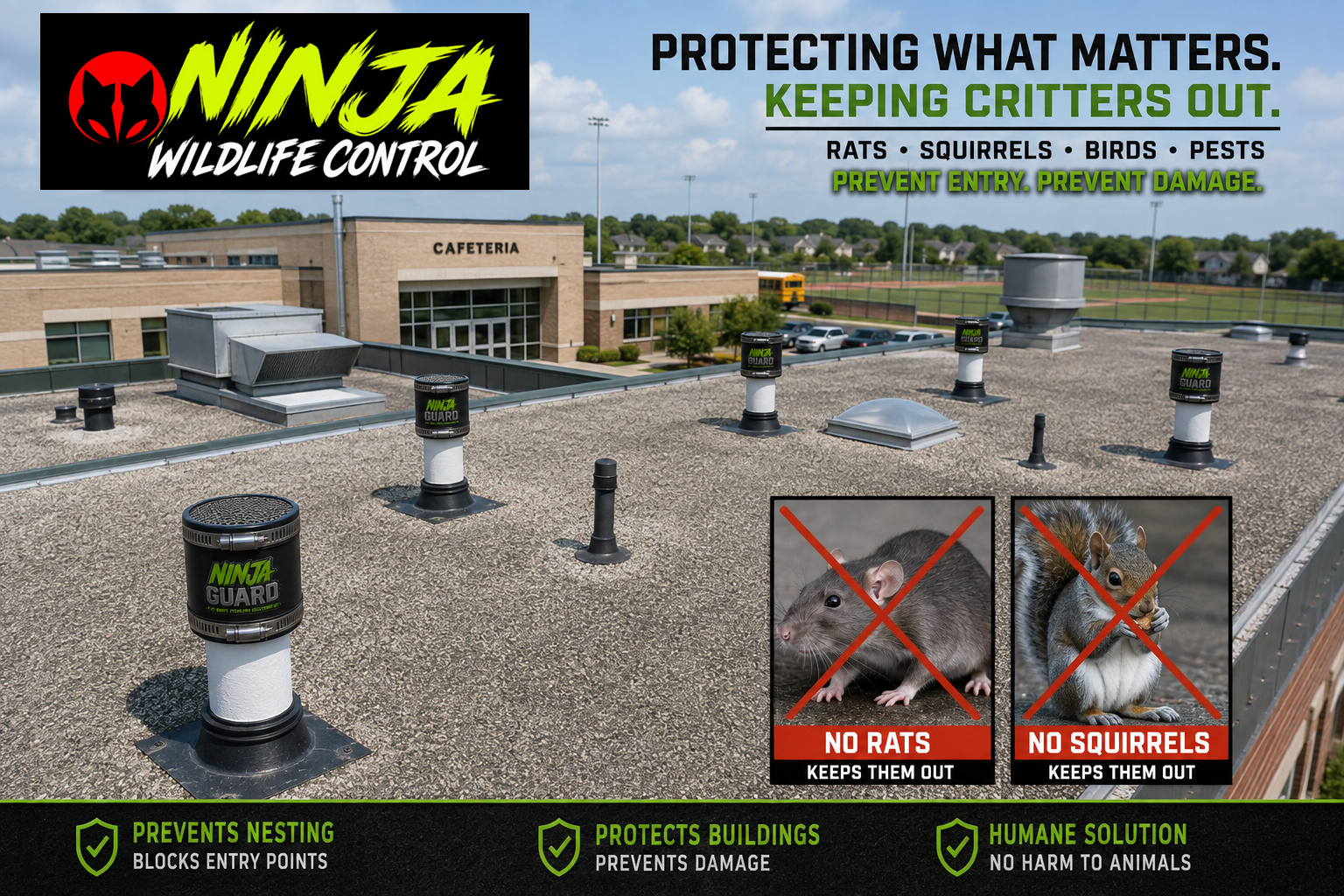 Commercial roof with Ninja Guard vent caps installed
