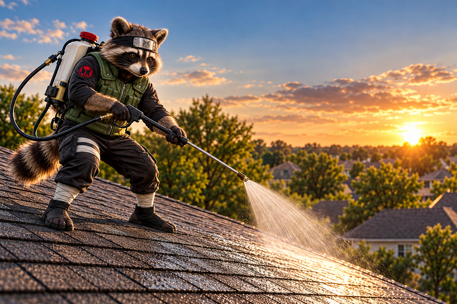 Oji Nuki applying roof treatment to asphalt shingles