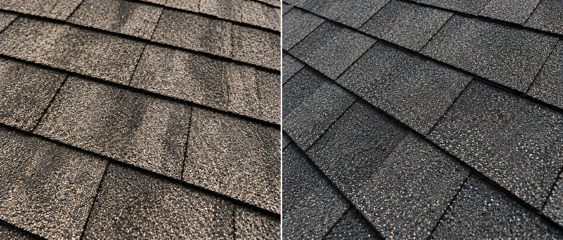 Illustrative comparison of dry untreated shingles and conditioned Roof Revival shingles