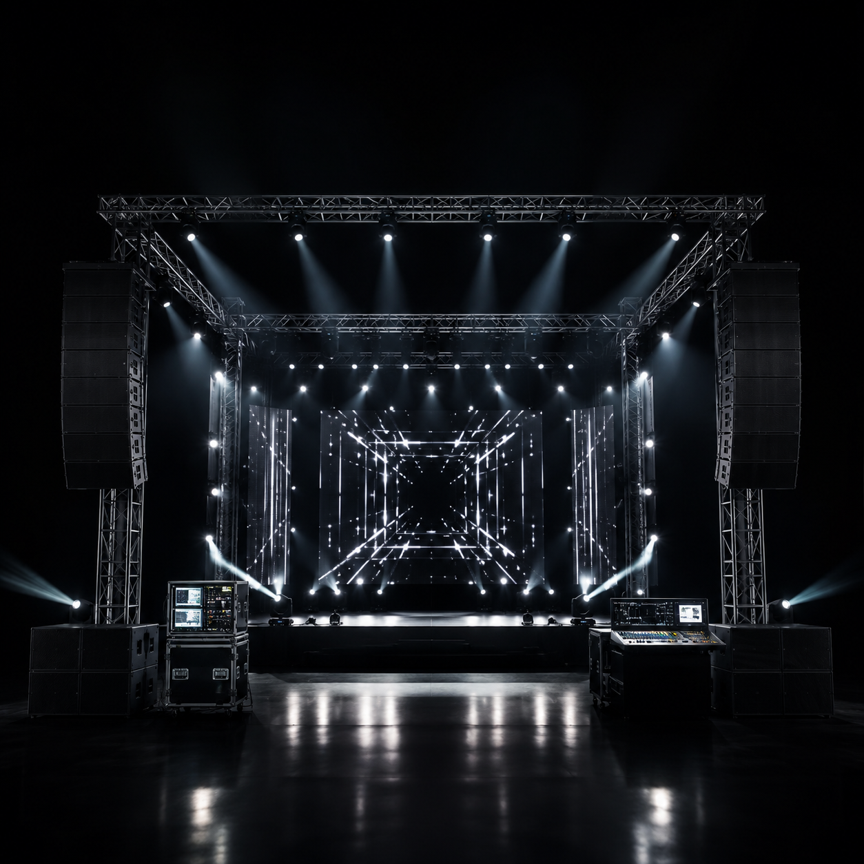 Full event production stage with truss, line arrays, LED backdrop, and lighting for live concert